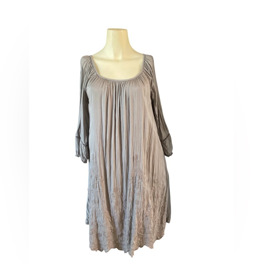 GIULIA ITALY PEASANT TUNIC DRESS BOHO STYLE SILK SHELL EMBROIDERED TRIM TAUPE